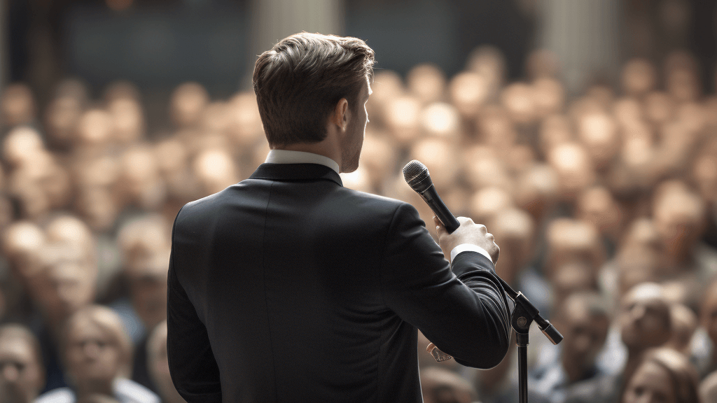 Modern executive delivering a powerful speech to a captivated crowd.